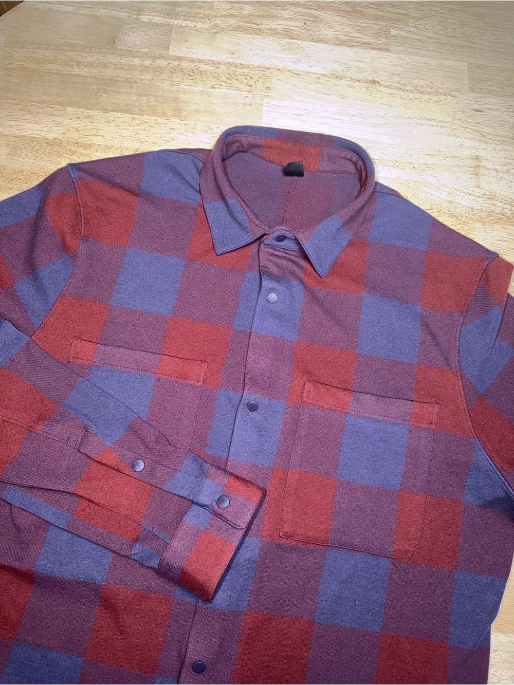 Lululemon Soft Knit Overshirt Shacket Mens Large Red Blue Plaid Flannel Snap